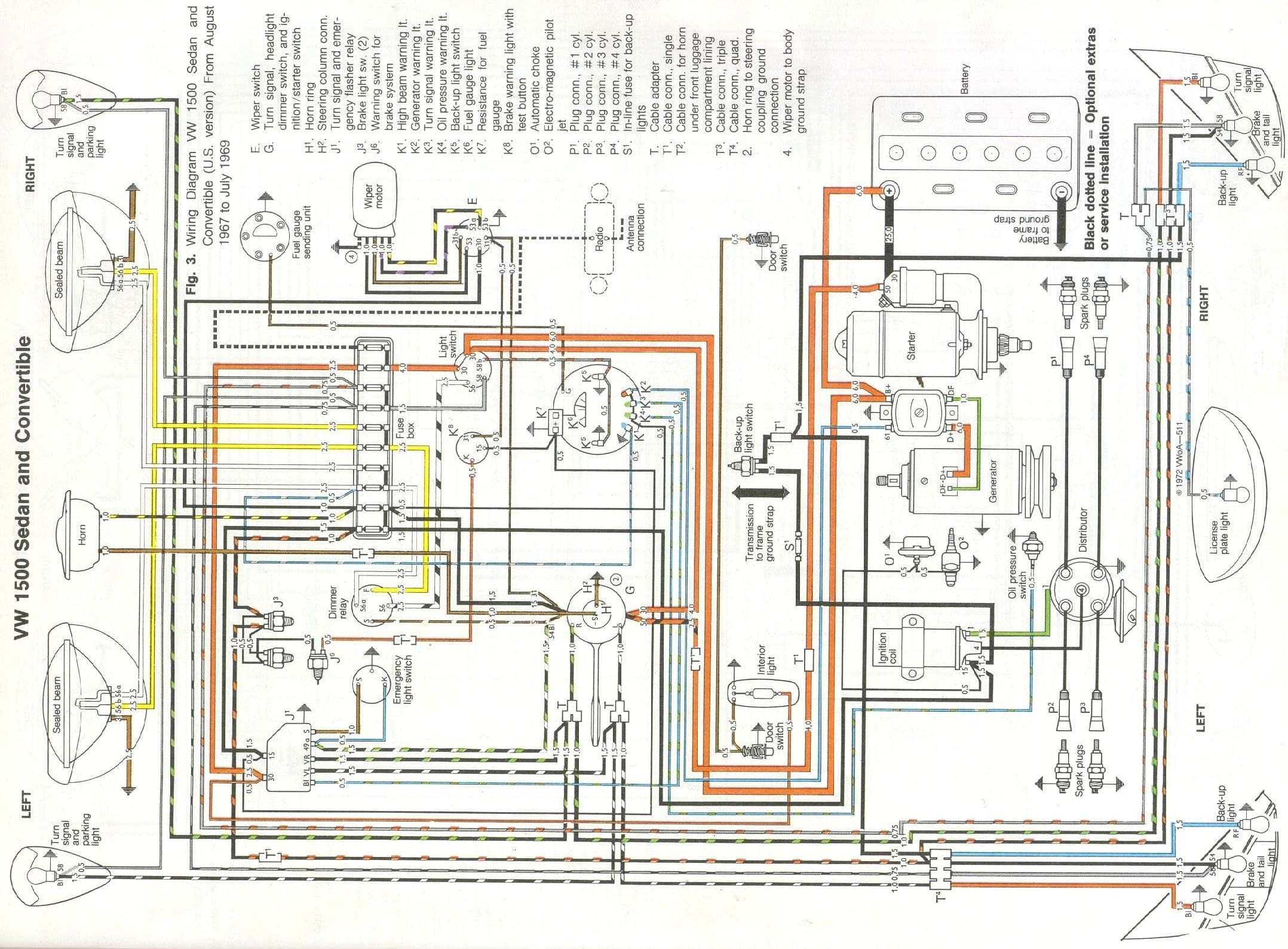 Wiring Diagram image for a 1500 Volkswagen  Sedan and Convertible (U.S. version) - August 1967 to July 1969